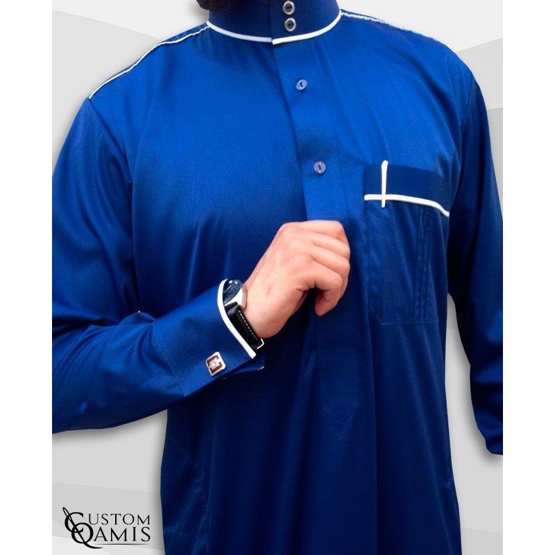Qamis Trim bleu roi et blanc satinés