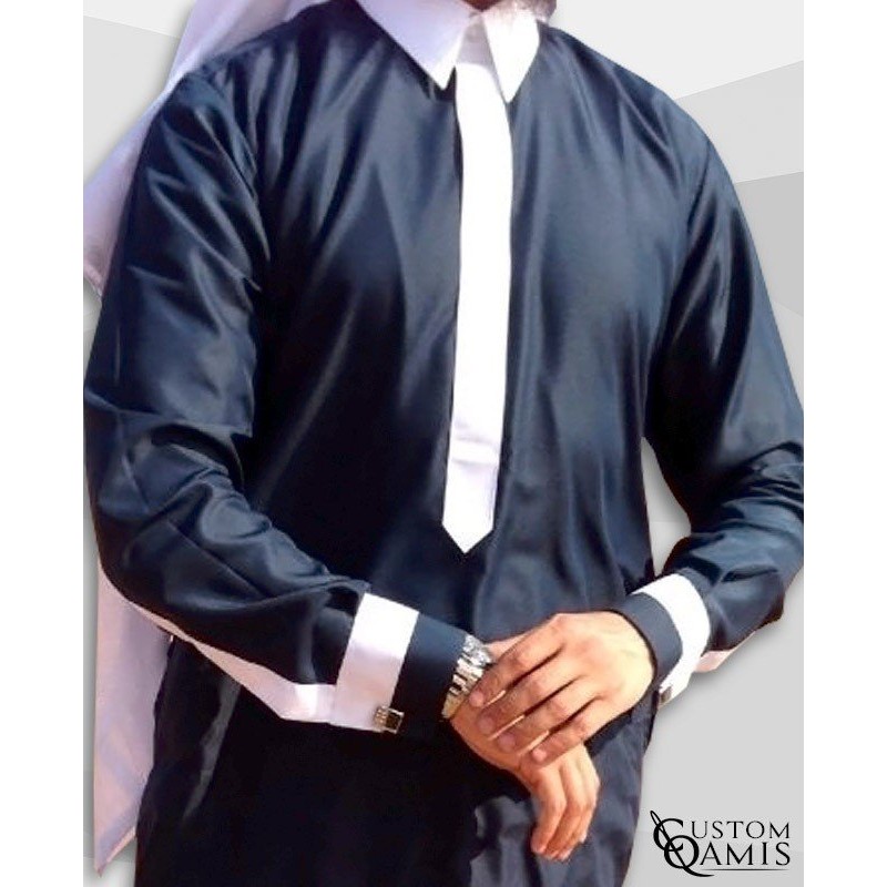 Qamis Two Tone bleu marine et blanc satinés