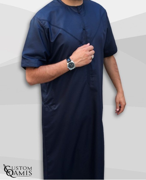 Emirati Kamees Navy Blue Satin With Short Sleeve
