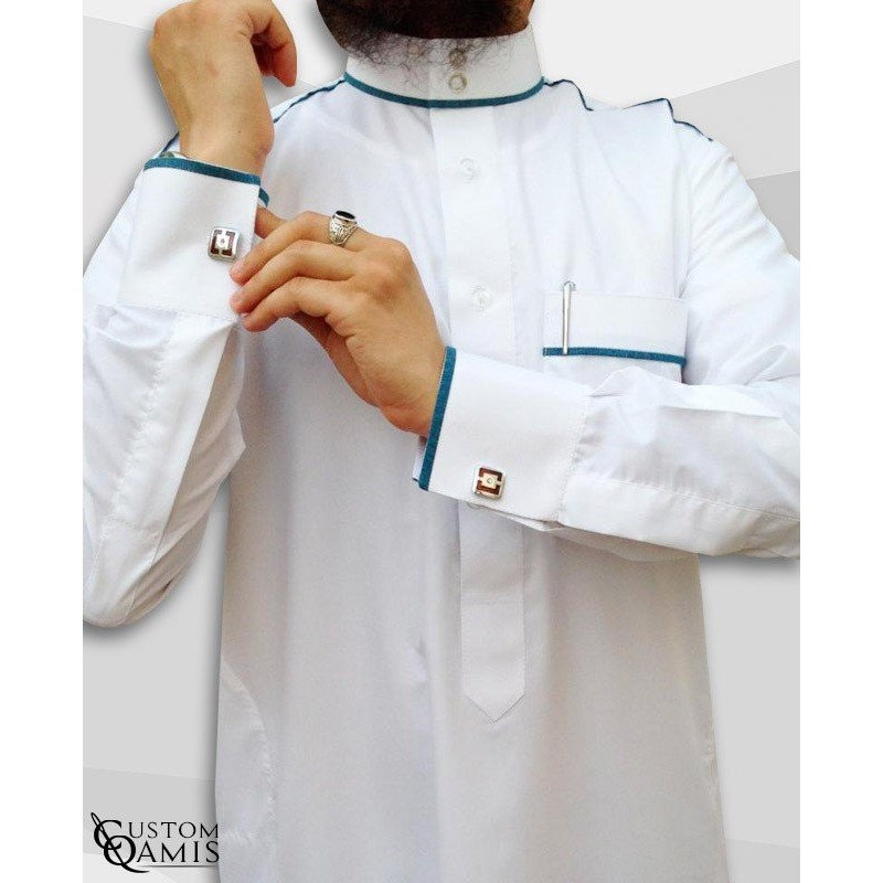 Qamis Trim Blanc et Bleu Satinés