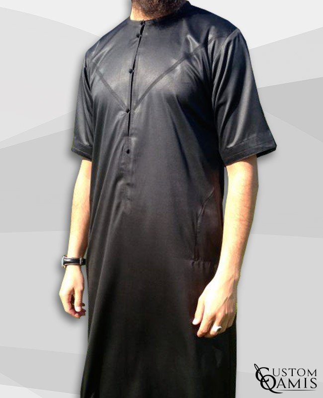 Emirati Kamees Black Satin with Short Sleeves