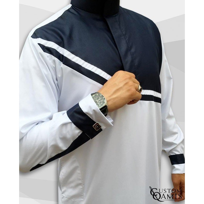 Qamis Wave Blanc et Bleu Marine Satinés
