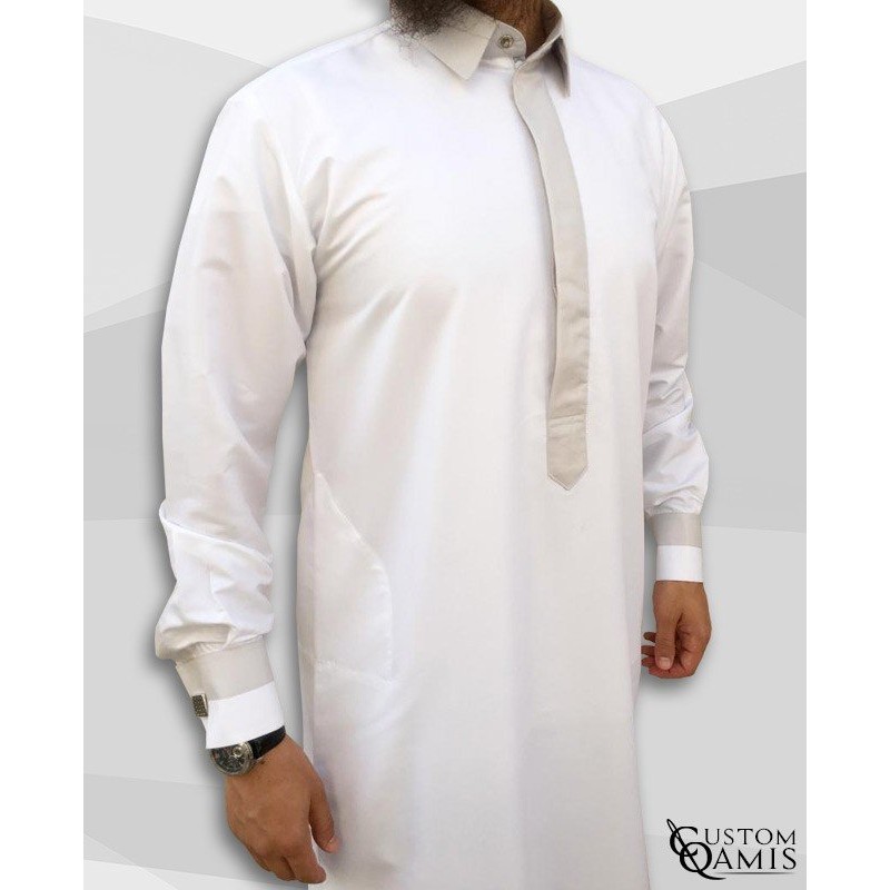 Qamis Two Tone Blanc et Gris Clair Satinés