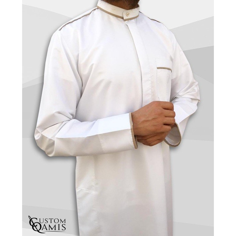 Qamis Trim Blanc et Beige Satinés