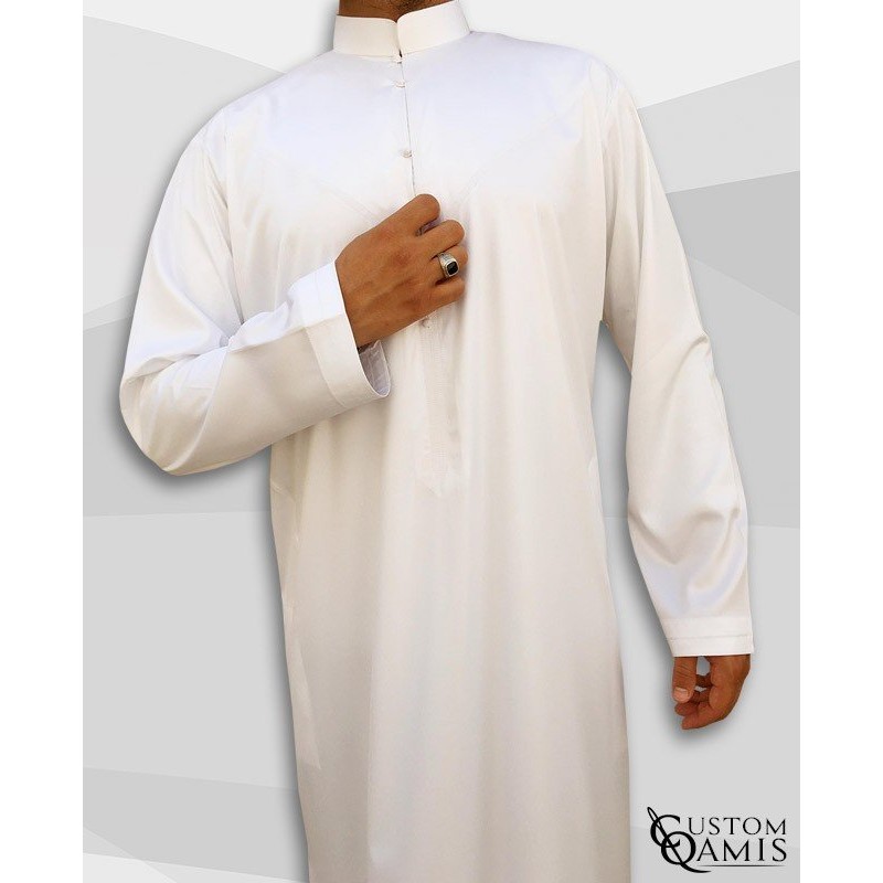 Qamis Emirati Tissu Precious Blanc Satiné Col Bahraini 