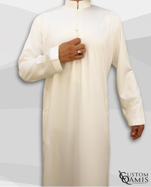 Emirati Kamees Cream Precious Satin Fabric Bahraini Collar