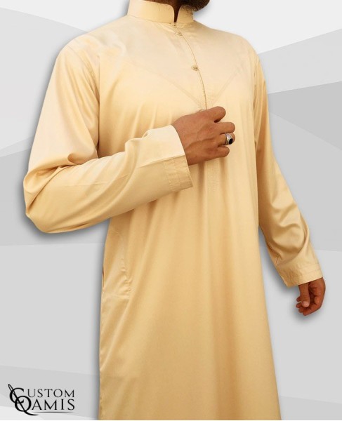 Emirati Kamees Beige Precious Satin Fabric Bahraini Collar