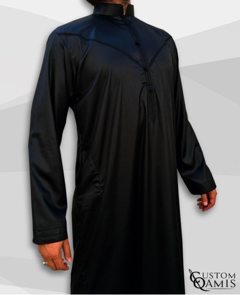 Emirati Kamees Black Precious Satin Fabric Bahraini Collar