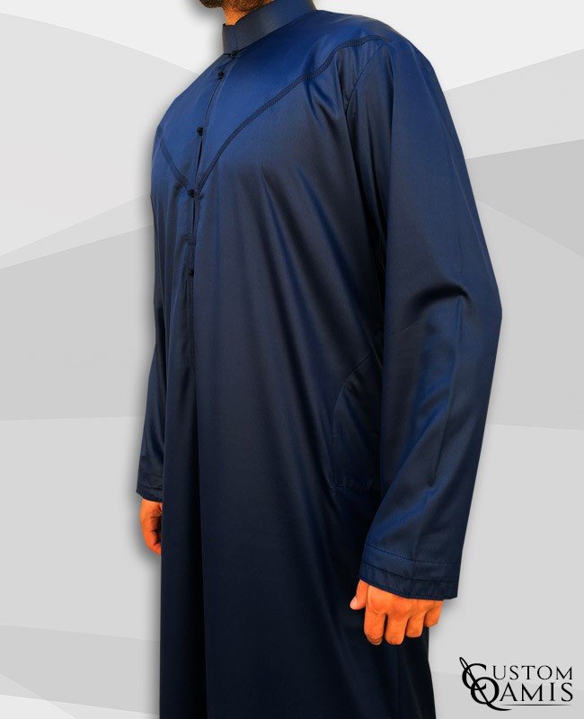 Emirati Kamees Blue Navy Precious Satin Fabric Bahraini Collar