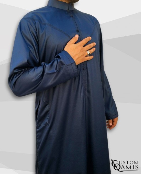 Emirati Kamees Blue Navy Precious Satin Fabric Bahraini Collar