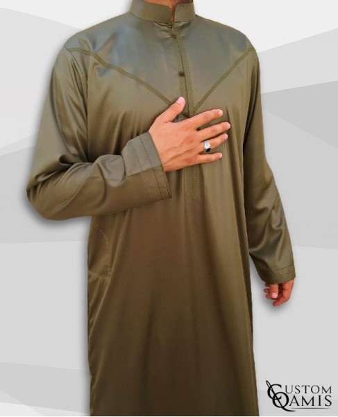 Emirati Kamees Khaki Green Precious Satin Fabric Bahraini Collar