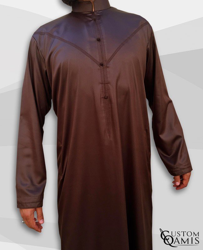 Emirati Kamees Chocolate Brown Precious Satin Fabric Bahraini Collar