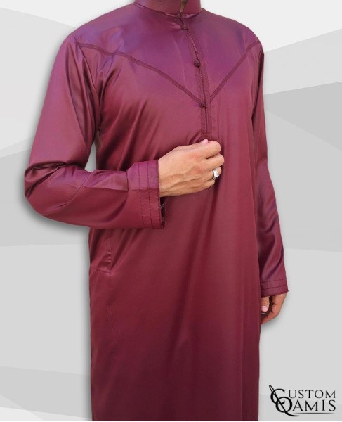Emirati Kamees Burgundy Precious Satin Fabric Bahraini Collar