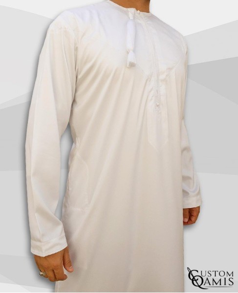 Qamis Omani Tissu Precious Blanc Satiné