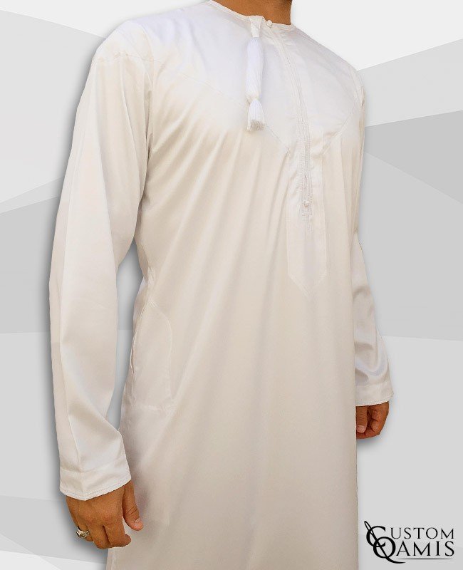 Qamis Omani Tissu Precious Blanc Satiné