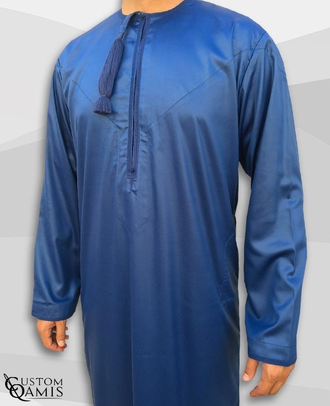 Qamis Omani Tissu Precious Bleu Roi Satiné