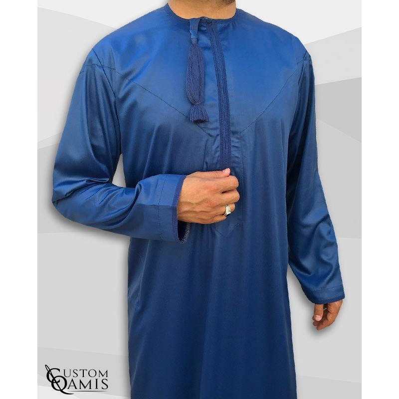 Qamis Omani Tissu Precious Bleu Roi Satiné