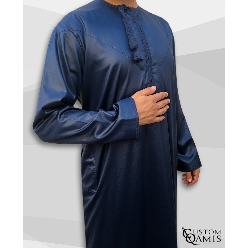 Qamis Omani Tissu Precious Bleu Marine Satiné