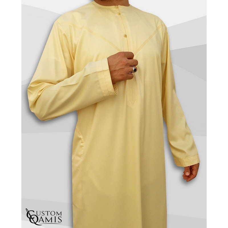 Qamis Emirati Tissu Precious Jaune Clair Sans Col