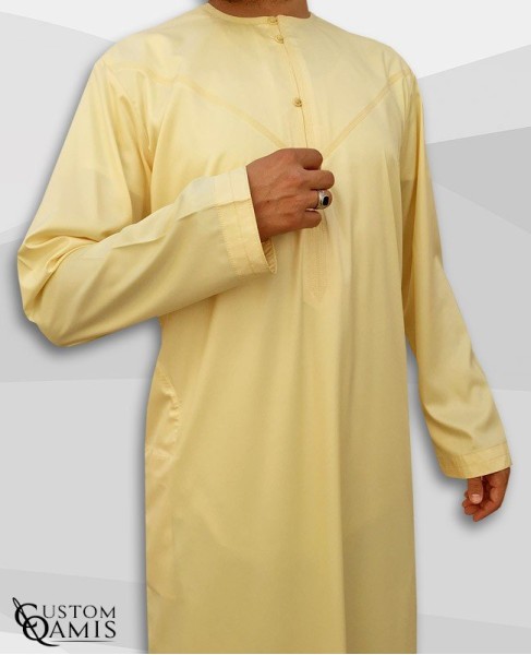 Emirati Kamees Light Yellow Precious Satin Fabric Without Collar