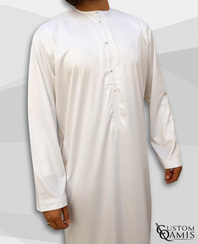 Qamis Emirati Tissu Precious Blanc Sans Col