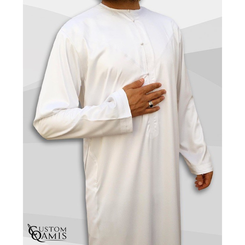 Qamis Emirati Tissu Precious Blanc Sans Col