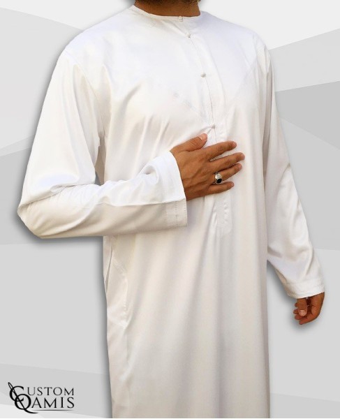 Emirati Kamees White Precious Satin Fabric Without Collar