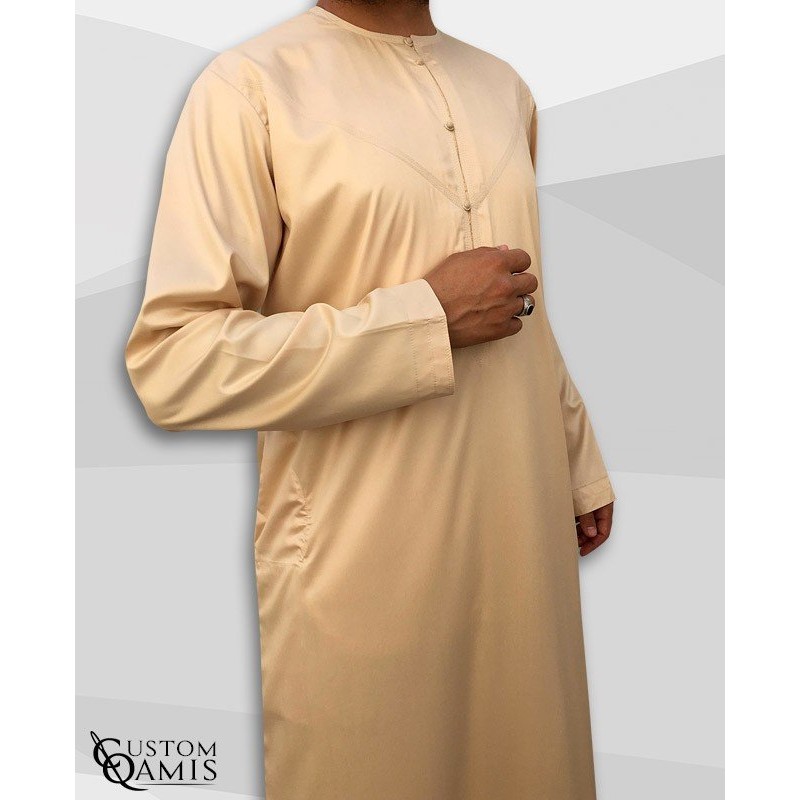 Qamis Emirati Tissu Precious Beige Sans Col