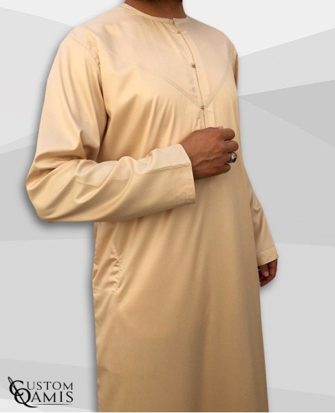 Emirati Kamees Beige Precious Satin Fabric Without Collar