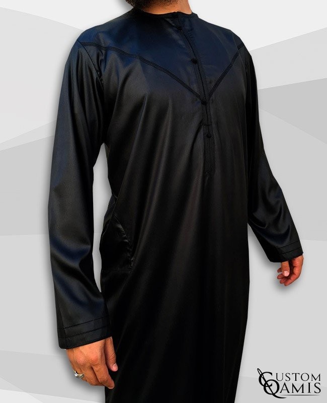 Emirati Kamees Black Precious Satin Fabric Without Collar