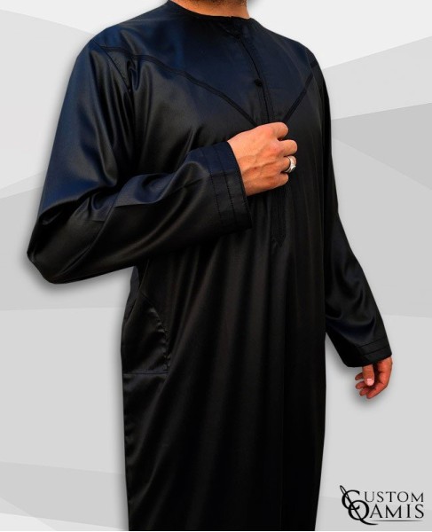 Emirati Kamees Black Precious Satin Fabric Without Collar