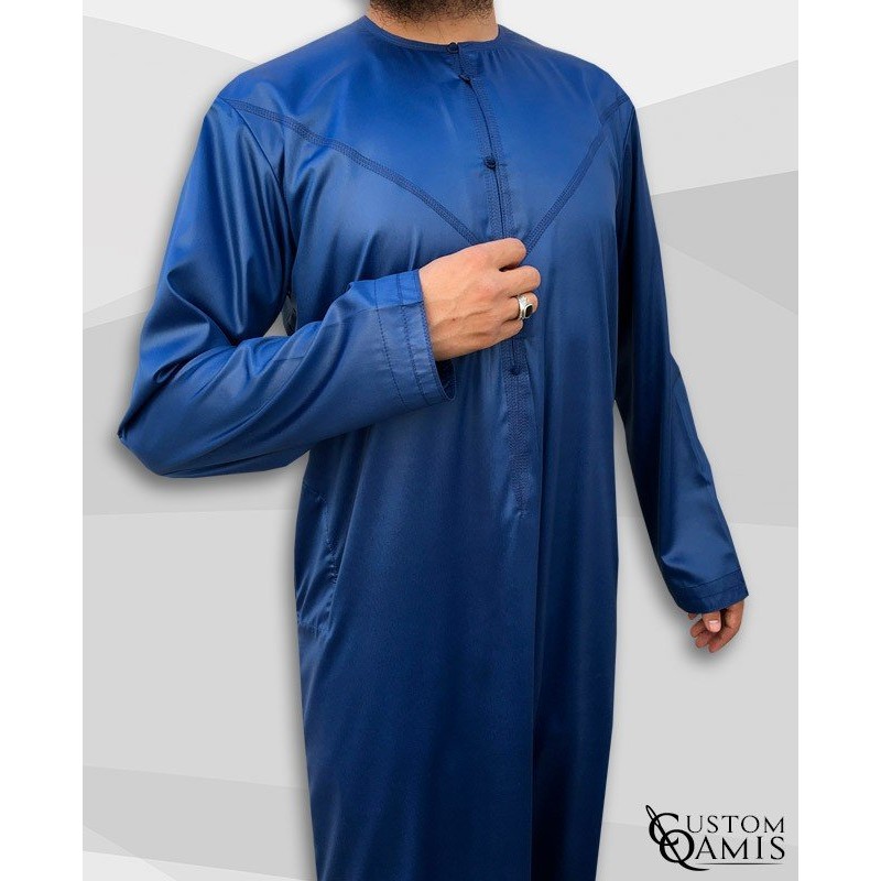 Qamis Emirati Tissu Precious Bleu Roi Sans Col