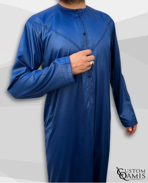 Emirati Kamees Royal Blue Precious Satin Fabric Without Collar
