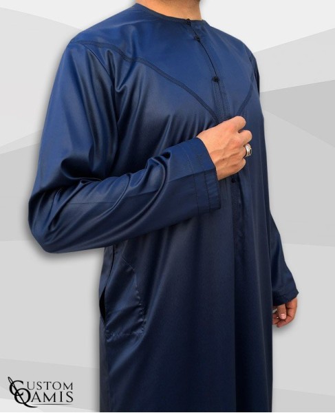 Qamis Emirati Tissu Precious Bleu Marine Sans Col