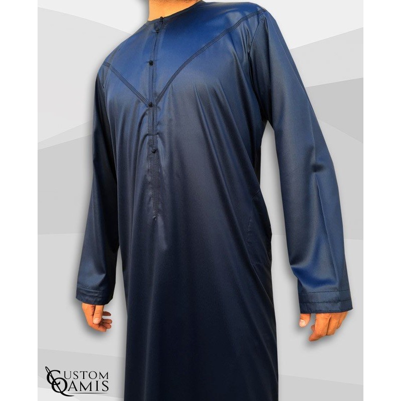 Qamis Emirati Tissu Precious Bleu Marine Sans Col
