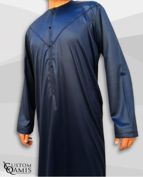 Emirati Kamees Navy Blue Precious Satin Fabric Without Collar
