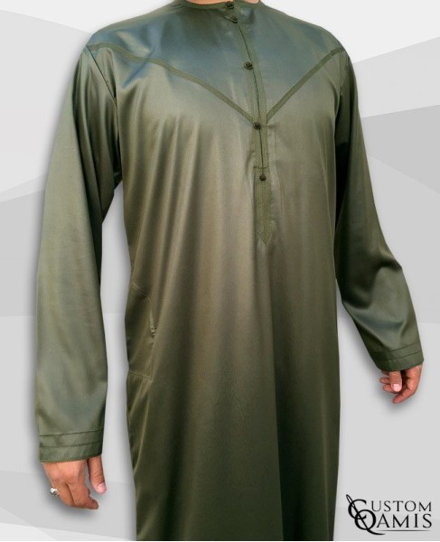 Emirati Kamees Khaki Green Precious Satin Fabric Without Collar