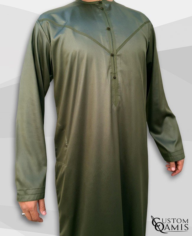 Emirati Kamees Khaki Green Precious Satin Fabric Without Collar