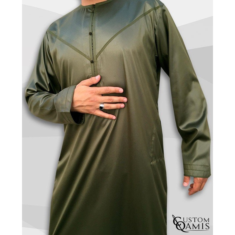 Emirati Kamees Khaki Green Precious Satin Fabric Without Collar