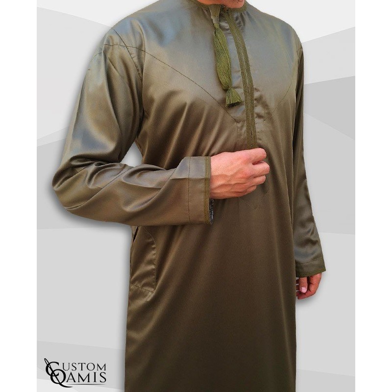 Qamis Omani Tissu Precious Vert Kaki Satiné