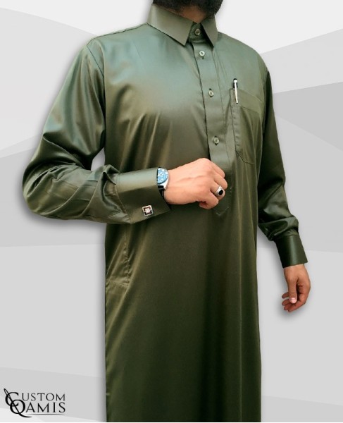 Kamees Qatari Khaki Green Precious Satin Fabric