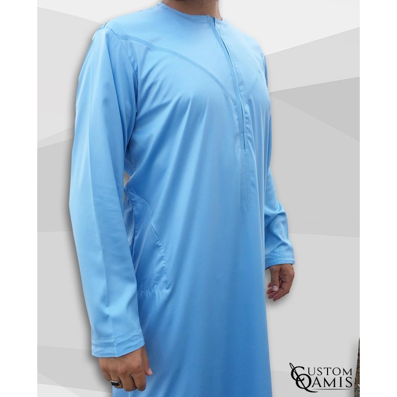 Qamis Emirati bleu ciel satiné à zip