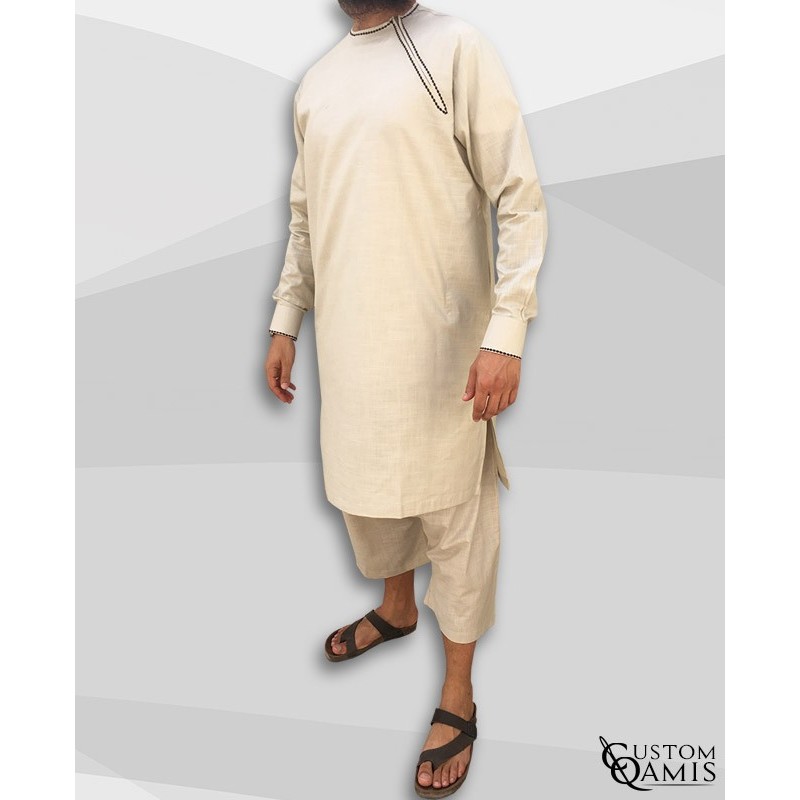 Ensemble Imad tunique en lin beige avec serwel coupe marocaine