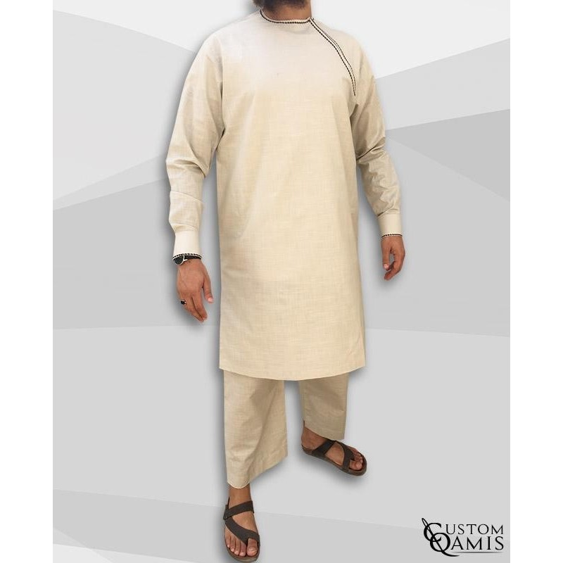 Ensemble Imad tunique en lin beige avec serwel coupe droite
