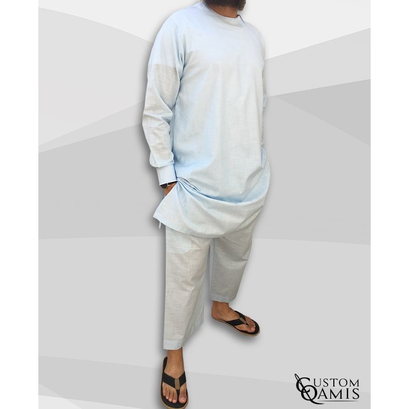 Pakistani set linen light sky blue with white embrodery and sarouel straight cut