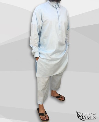 Pakistani set linen light sky blue with collar and sarouel straight cut