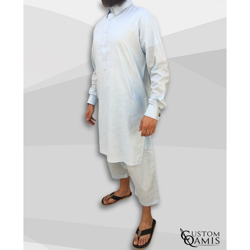 Pakistani set linen light sky blue with collar and sarouel straight cut