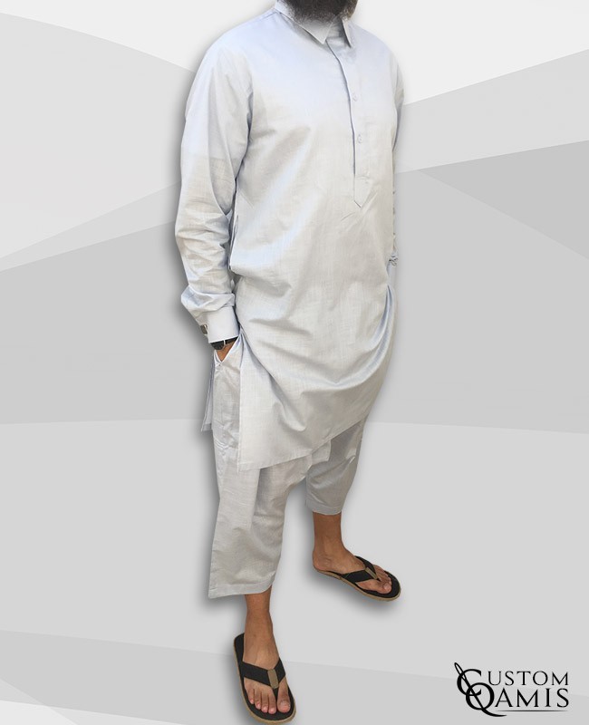 Pakistani set linen light grey with collar and sarouel qandrissi cut