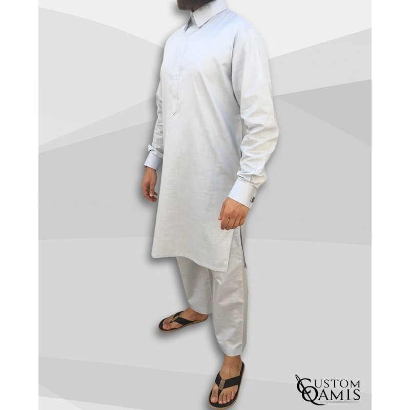 Ensemble Pakistannais en lin gris clair à col avec serwel coupe qandrissi