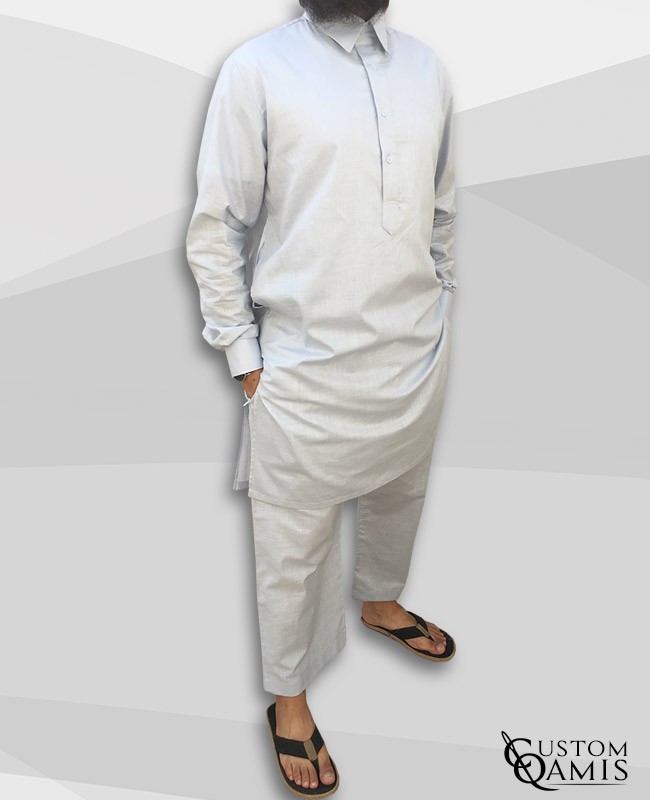 Pakistani set linen light grey with collar and sarouel straight cut